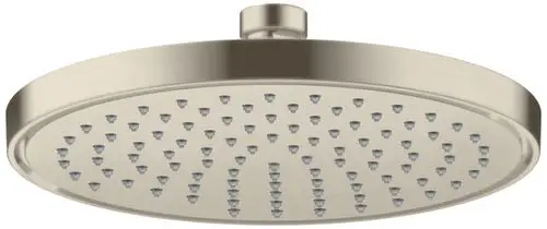 Große runde Kopfbrause in gebürstetem Nickel mit gleichmäßig verteilten Wasserstrahlen, hergestellt von AXOR.